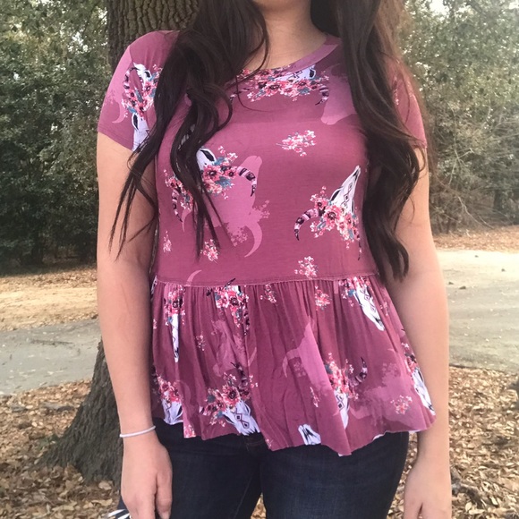 Tops - << Burgundy Steer Skull Country Chic Boho Shirt >>